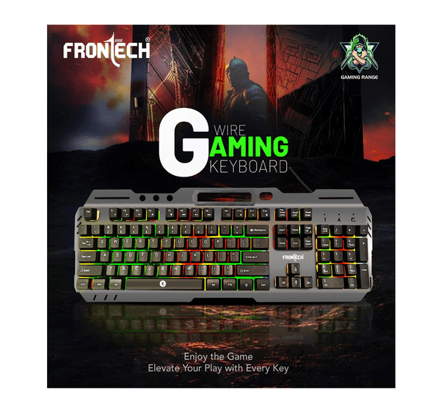 FRONTECH KB-0049 Wired Gaming Keyboard – 104 Keys, Rainbow Backlight, Ergonomic Design, USB Plug & Play