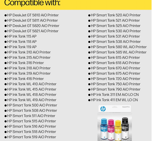HP GT53/GT52 Ink Bottle Combo 4-Pack (7K3W9AA) – Black, Cyan, Magenta, Yellow – High-Yield Original Ink for HP Smart Tank & Ink Tank Printers