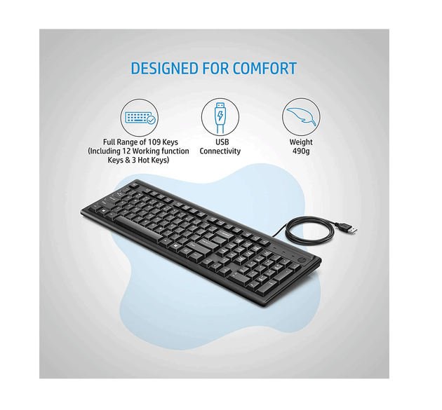 HP K100 Wired Keyboard (7J4G1AA) – Full-Size, USB Plug & Play, 12 Shortcut Keys, LED Indicators, Black